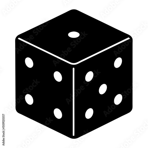 A classic six sided die with black background and white dots