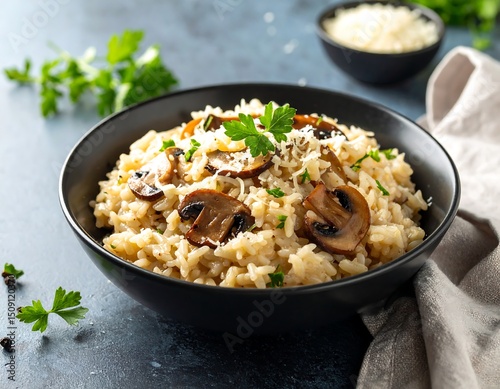 Creamy mushroom risotto served in a black bowl, garnished with parsley and parmesan cheese