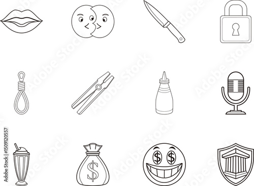 Line art reveals varied concepts lips, faces, knife, lock, and money bag icons