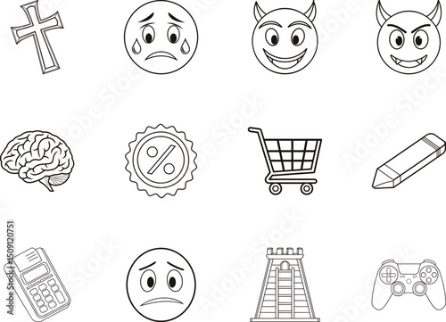 A collection of diverse line art icons is presented over a transparent background clearly