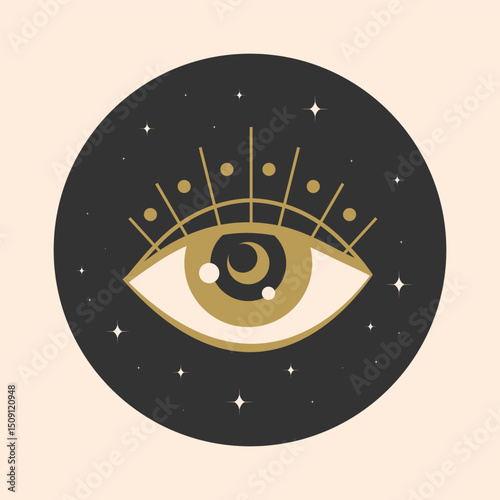 Celestial golden magical eye round emblem decorated with stars. All seeing eye. Vector illustration