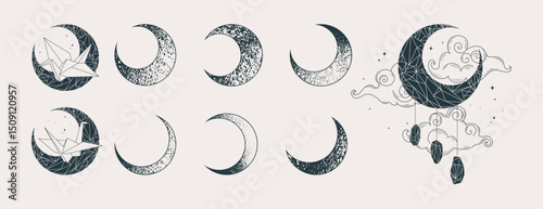Moon in different shape or phase, crescents decorated with paper cranes and crystal. Set of celestial elements. Vector illustration