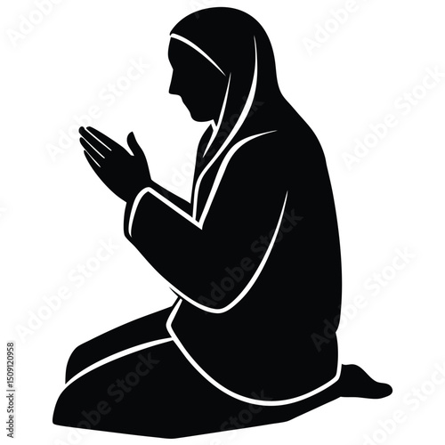 Silhouette of a Woman in Prayer Kneeling, Hands Raised in Supplication, Vector Illustration