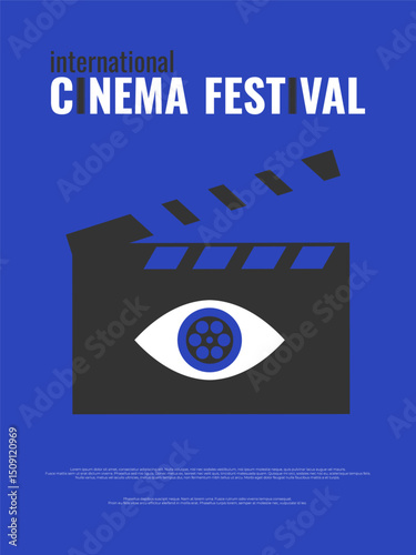 Cinema festival poster minimalist design with clapperboard silhouette and spectator’s eye. Film festival flyer. Vector illustration