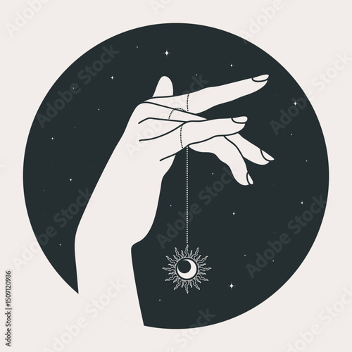 Female hand holding a celestial pendant with sun and crescent moon. Celestial magical emblem. Vector illustration