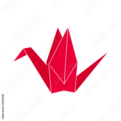 Red paper crane icon. Origami bird made from folded paper. Vector illustration