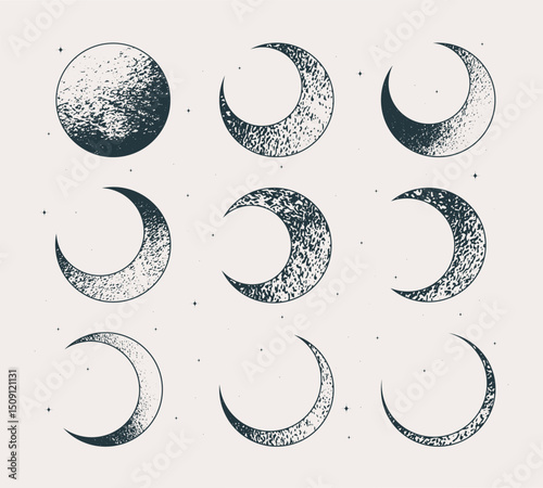 Lunar cycle, crescent moon in different phases. Vector illustration
