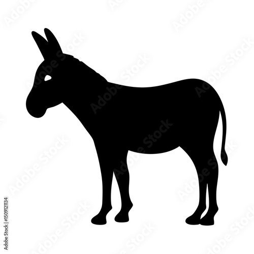 Isolated black silhouette of a donkey standing on a white background