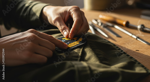 Man attaching military patch to jacket while sitting at a table  