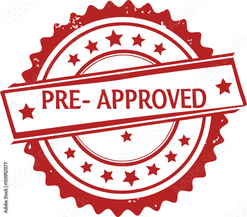 Red Distressed Pre-Approved Stamp with Star Details and Circular Border.