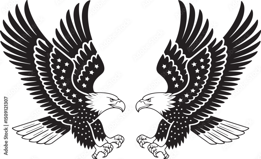 Fototapeta premium Bald eagle with American flag print on wings diving for a patriotic ribbon. 4th of july Independence Day Clipart. emblem soaring bird usa banner image airfoil hunting red white blue band.