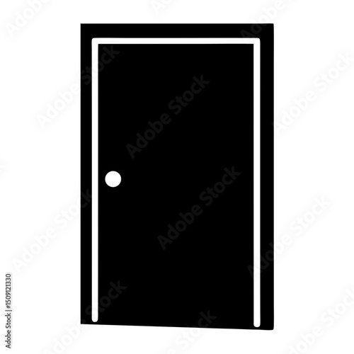 Isolated black and white graphic illustration of a door with a knob