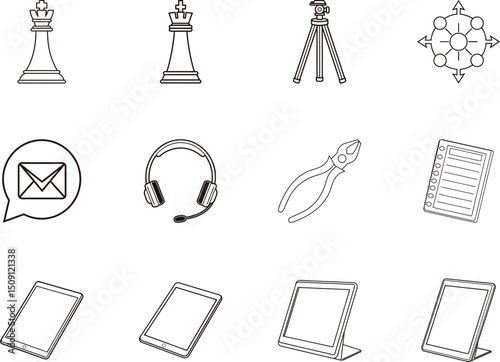 Line art showcases chess pieces, tripod, planner, and digital tablet equipment on a white backdrop