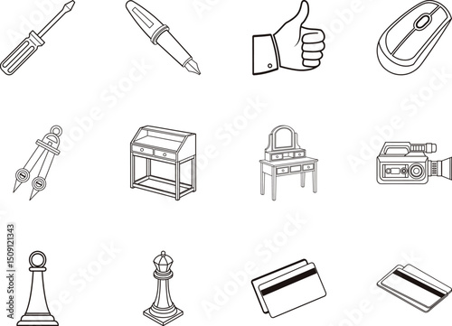 Isolated simple line drawings feature a screwdriver, pen, thumbs up, desk, and other items