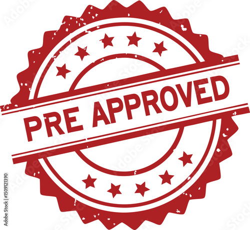 Distressed Red "Pre Approved" Stamp with Stars, Isolated on White Background.