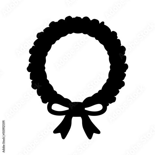 Black silhouette of a decorative festive wreath with a bow at the bottom