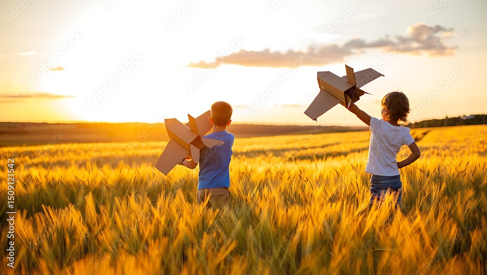 Fototapeta premium Children playing with cardboard airplanes in a golden wheat field at sunset