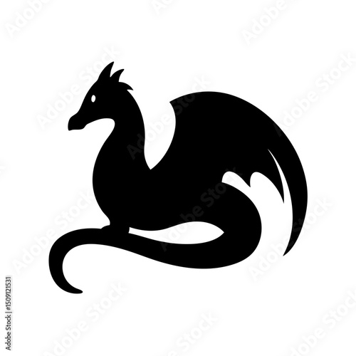 Silhouette of a black dragon with folded wings on white background
