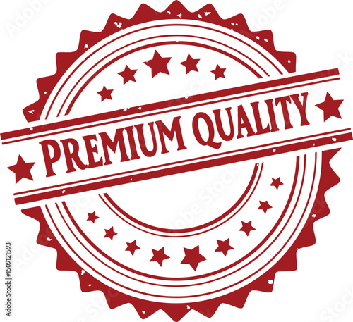 A Red Premium Quality Stamp with Stars, Circular Design, and Grunge Effect.