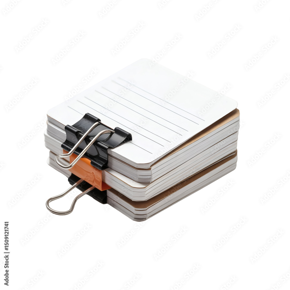 A stack of blank white index cards bound together by silver metal ring binder clip on transparent background A stack of blank white index cards bound together by silver metal ring binder clip on transparent background