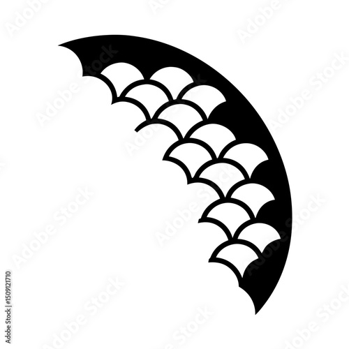 Stylized quarter circle illustration of layered fish scales in black and white