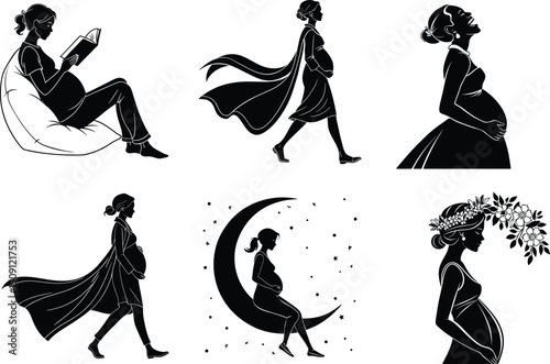Elegant Silhouettes of Pregnant Women A Collection of Motherhood Illustrations