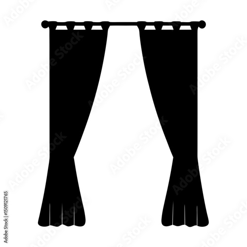 Silhouette illustration of draped curtains on a rod with a decorative end