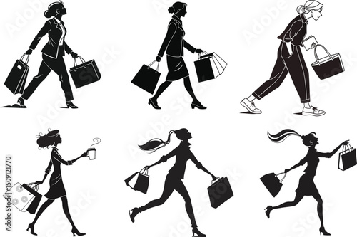 Silhouette Illustrations Women Shopping and Walking, Stylish and Trendy Vector Graphics