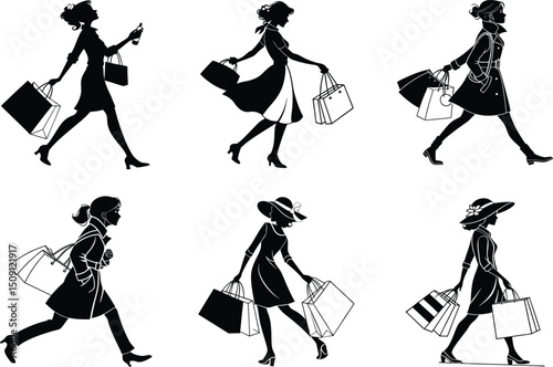 Stylish Women Shopping Spree Elegant Silhouettes of Happy Shoppers