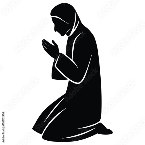 Woman in Hijab Kneeling in Prayer A Black and White Vector Illustration