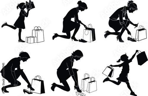 Silhouette Collection Women Shopping Spree - Elegant Black and White Illustrations