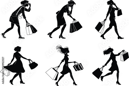 Silhouette Illustrations Women Shopping Spree, Bags, Retail Therapy