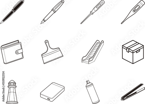 Outlined icons showing a fountain pen, thermometer, and spray can on transparent backdrop
