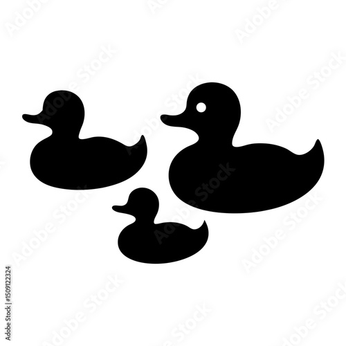 Three black silhouette ducks on a white background with a simple design