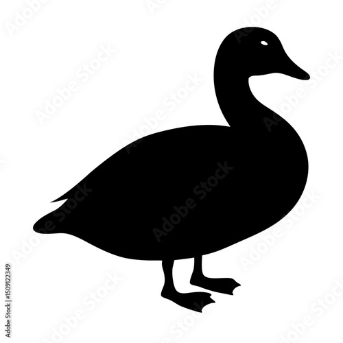 Silhouette of a duck standing tall against a bright white background