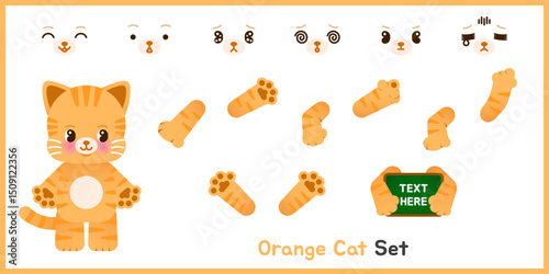 A set of cute orange cat clipart with 7 facial expressions and 6 arm poses. Ideal for presentations, educational materials, teaching aids, and creative projects.