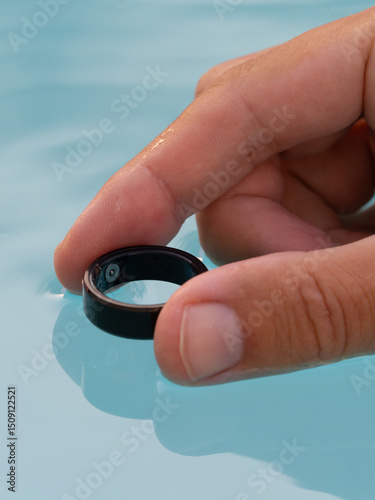 Hand, submerged in pool water showcasing a sleek waterproof black smart ring with health tracker.
