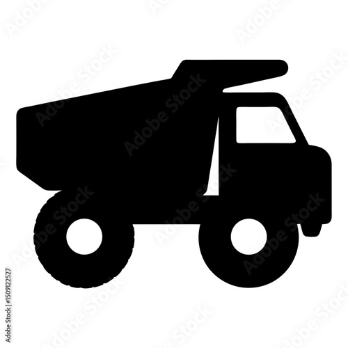 Black and white silhouette of a heavy duty dump truck vehicle