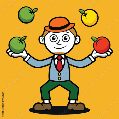 Man juggling three fruits with concentration and skill