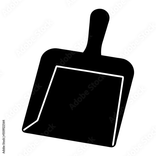 Monochrome image depicting a dustpan, a cleaning implement used for sweeping