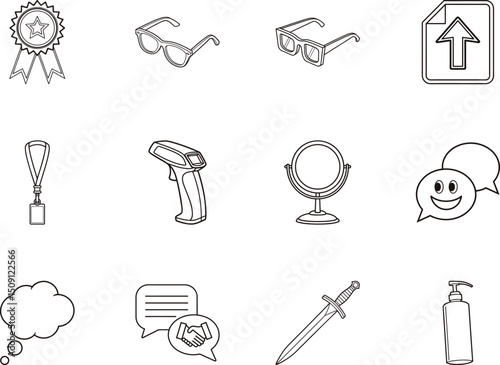 Collection of outline icons include glasses, ribbon, barcode scanner, mirror, sword and cosmetic bottle with transparent background
