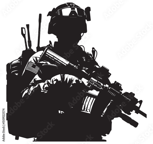 Silhouette of a US Soldier with Rifle: Vector Illustration of Military Personnel in Combat Gear for Graphic Design Projects