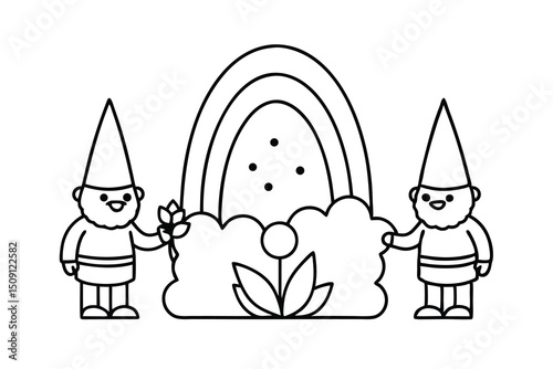Two gnomes with rainbow and flowers coloring page