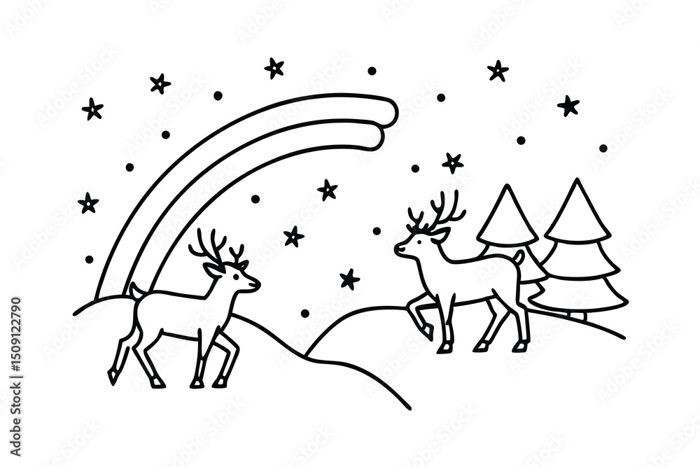 Obraz premium Two reindeer under a rainbow in a snowy landscape with stars and trees