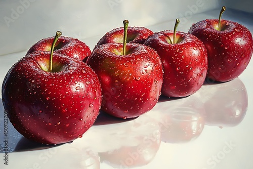 Lush red apples glistening with water droplets, arranged in a gentle arc on a smooth white surface, light reflecting softly off their glossy skin 