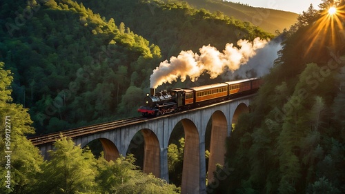 Vintage steam train crossing a scenic viaduct in a lush green valley at sunset