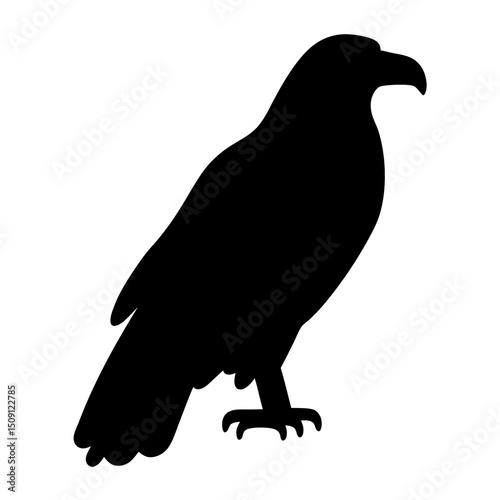 Silhouette of a majestic crow standing tall and proud against white background