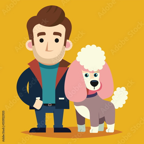 Delight in a charming cartoon design element featuring a man with a groomed poodle, showcasing pet care and companionship