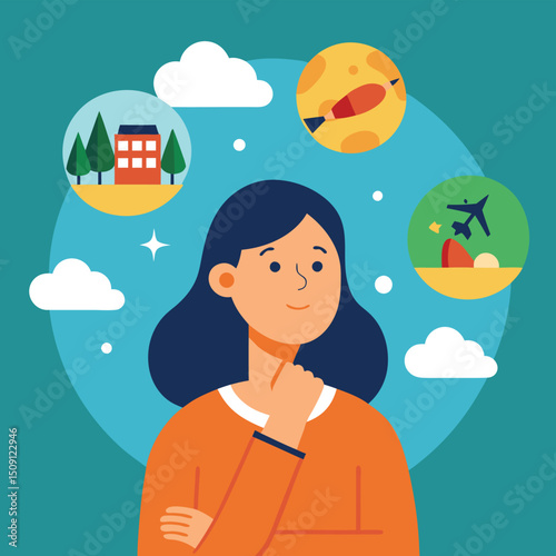 Explore a thoughtful vector flat illustration capturing a mom deep in thought about travel, ideal for travel blogs, family vacation planning, and adventure-themed designs.
