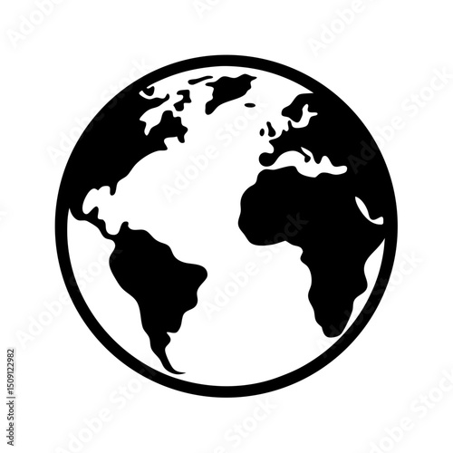 Simple black and white illustration of the earth with continents showing